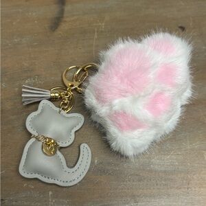 Grey Cat Keychain/Bag Charm with Pink and White Faux Fur Paw Pom Pom and tassel.